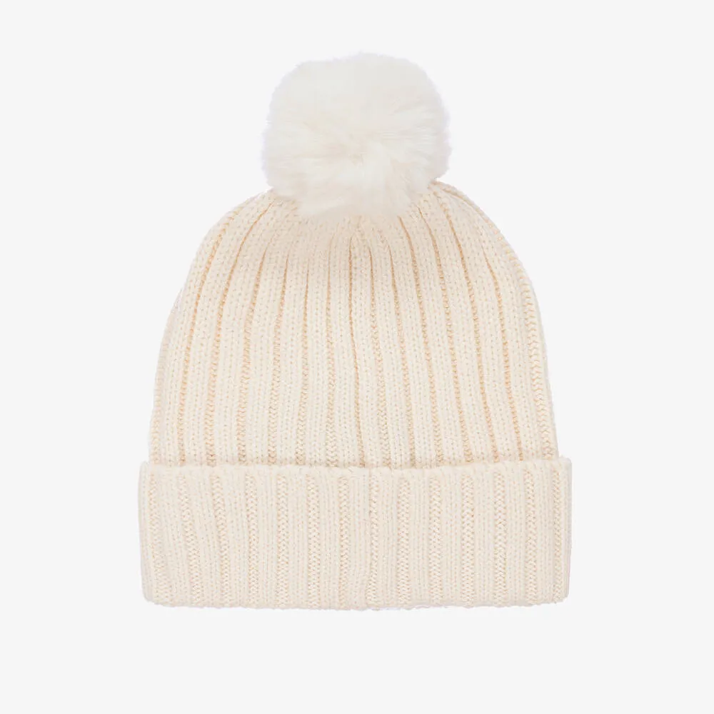 Girls Ivory Knit Pom-Pom Hat