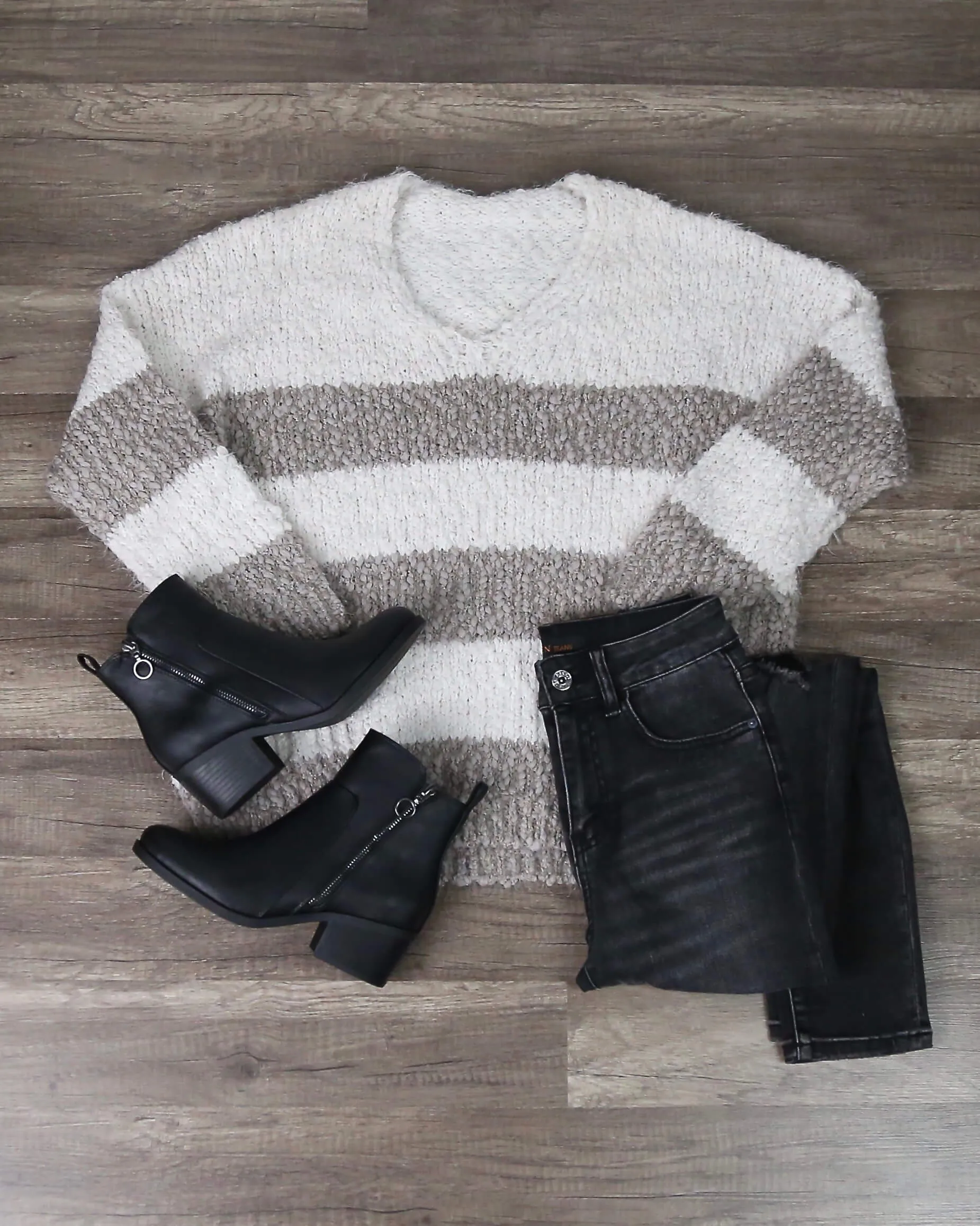 Girls Like Me Striped Fuzzy Knit Sweater with Side Slit in Mocha/Cream