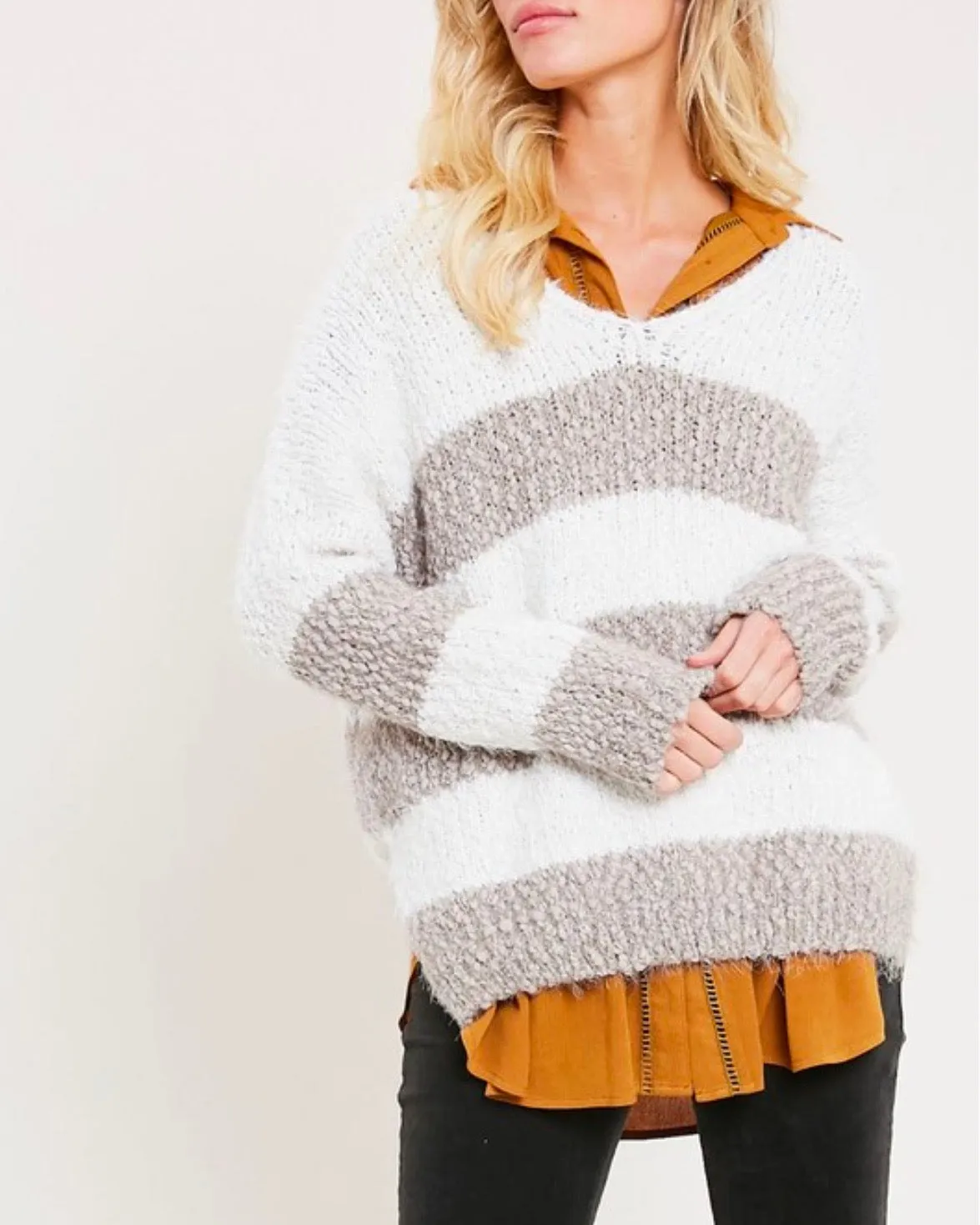 Girls Like Me Striped Fuzzy Knit Sweater with Side Slit in Mocha/Cream