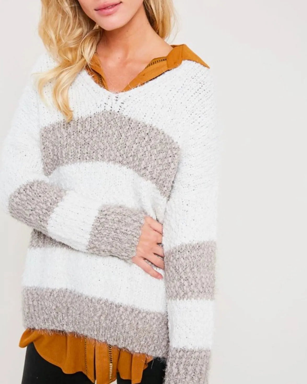 Girls Like Me Striped Fuzzy Knit Sweater with Side Slit in Mocha/Cream