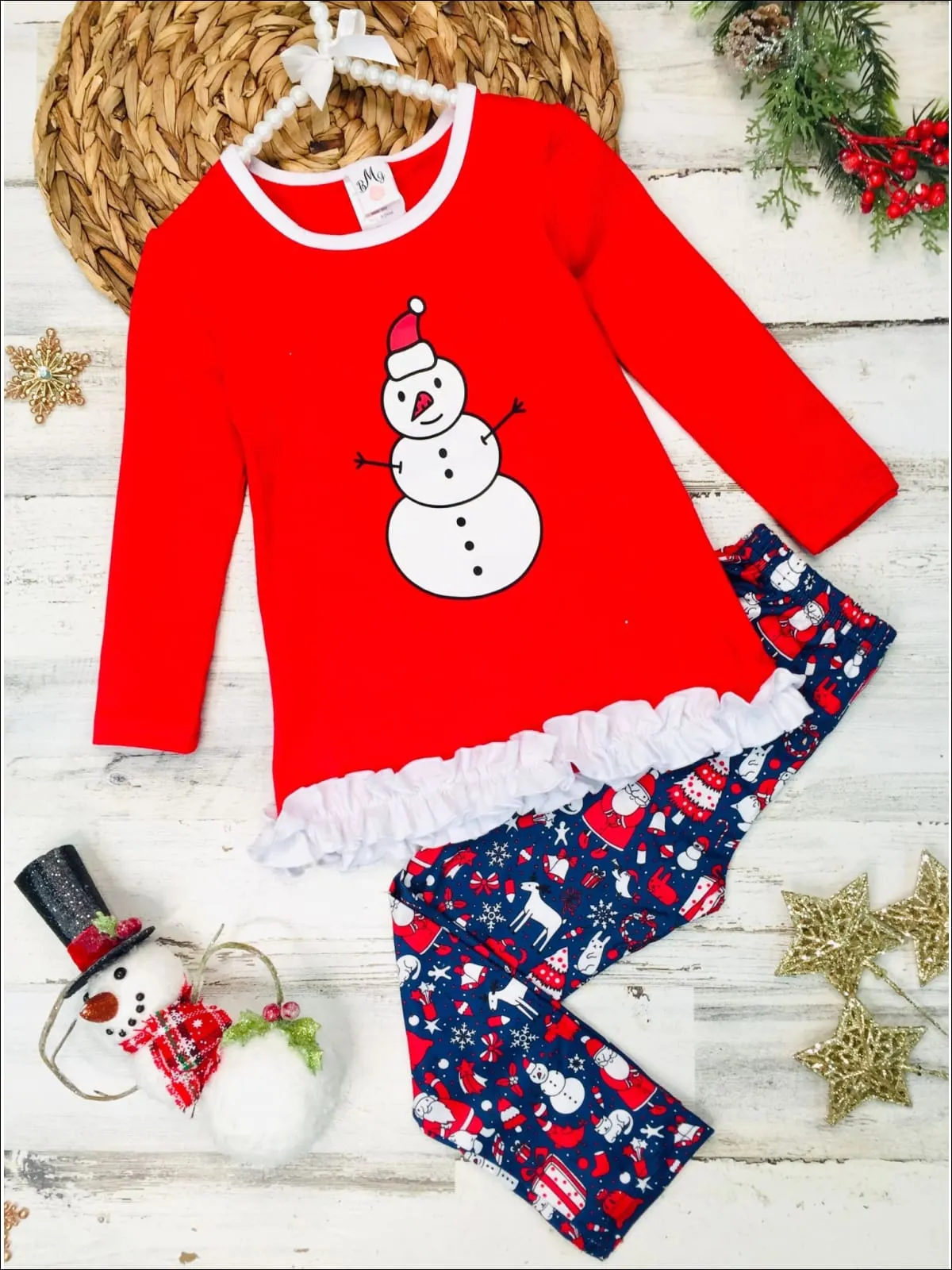 Girls Long Sleeve Ruffled Applique Tunic And Printed Legging Set