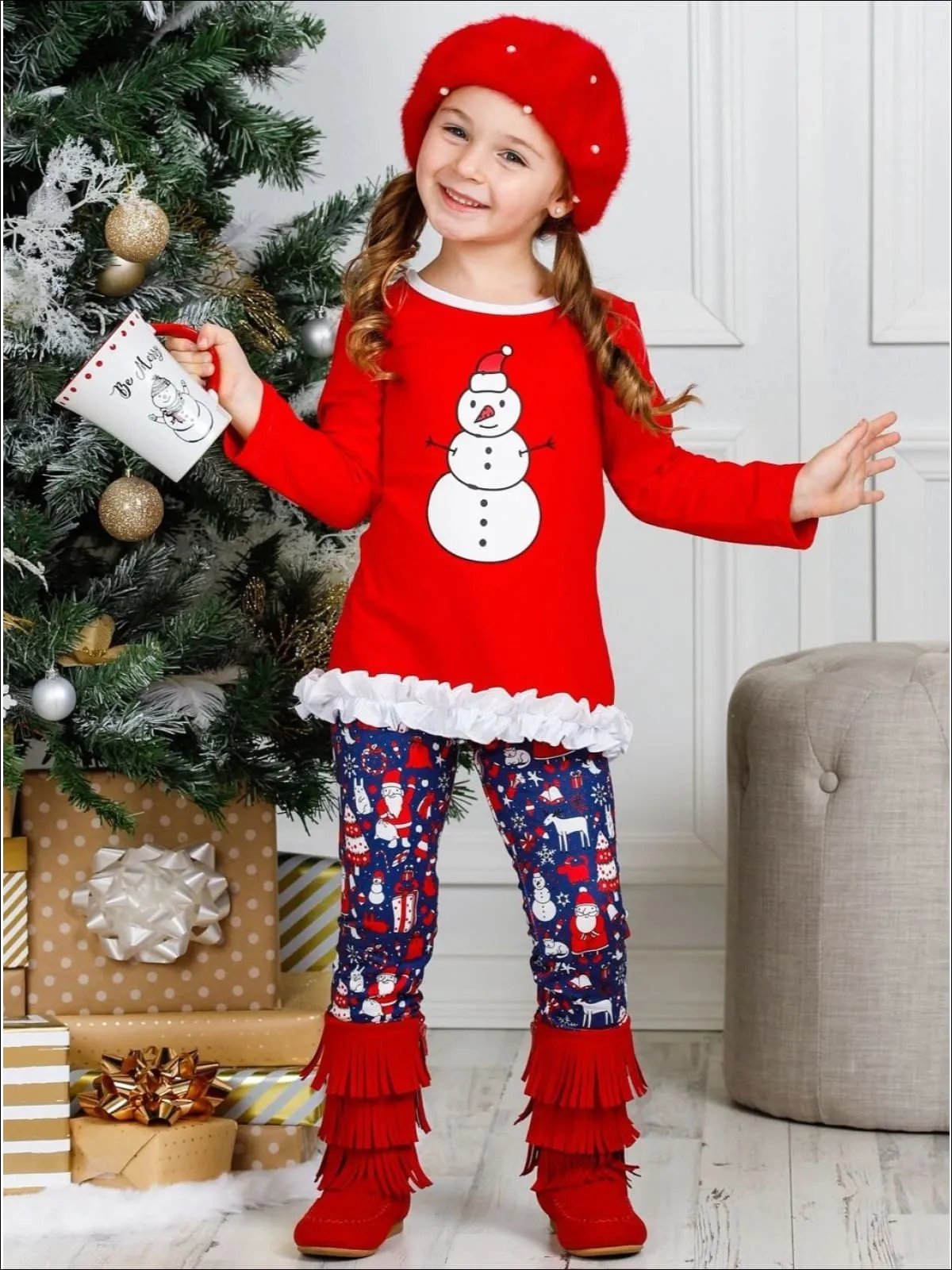 Girls Long Sleeve Ruffled Applique Tunic And Printed Legging Set