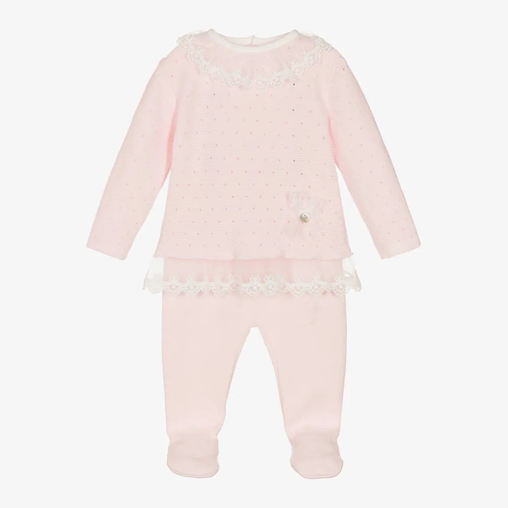 Girls Pink Cotton Knit 2 Piece Babygrow