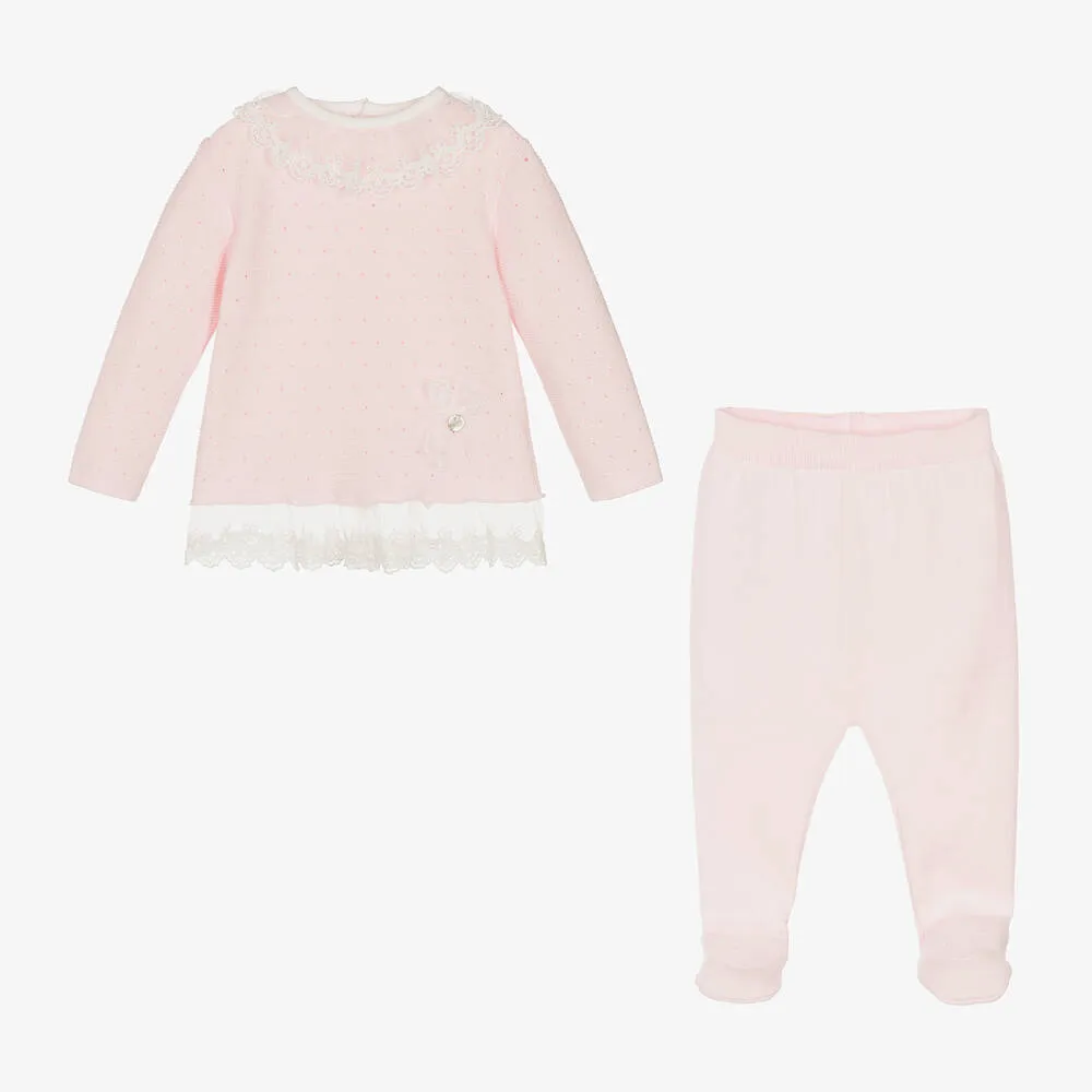 Girls Pink Cotton Knit 2 Piece Babygrow