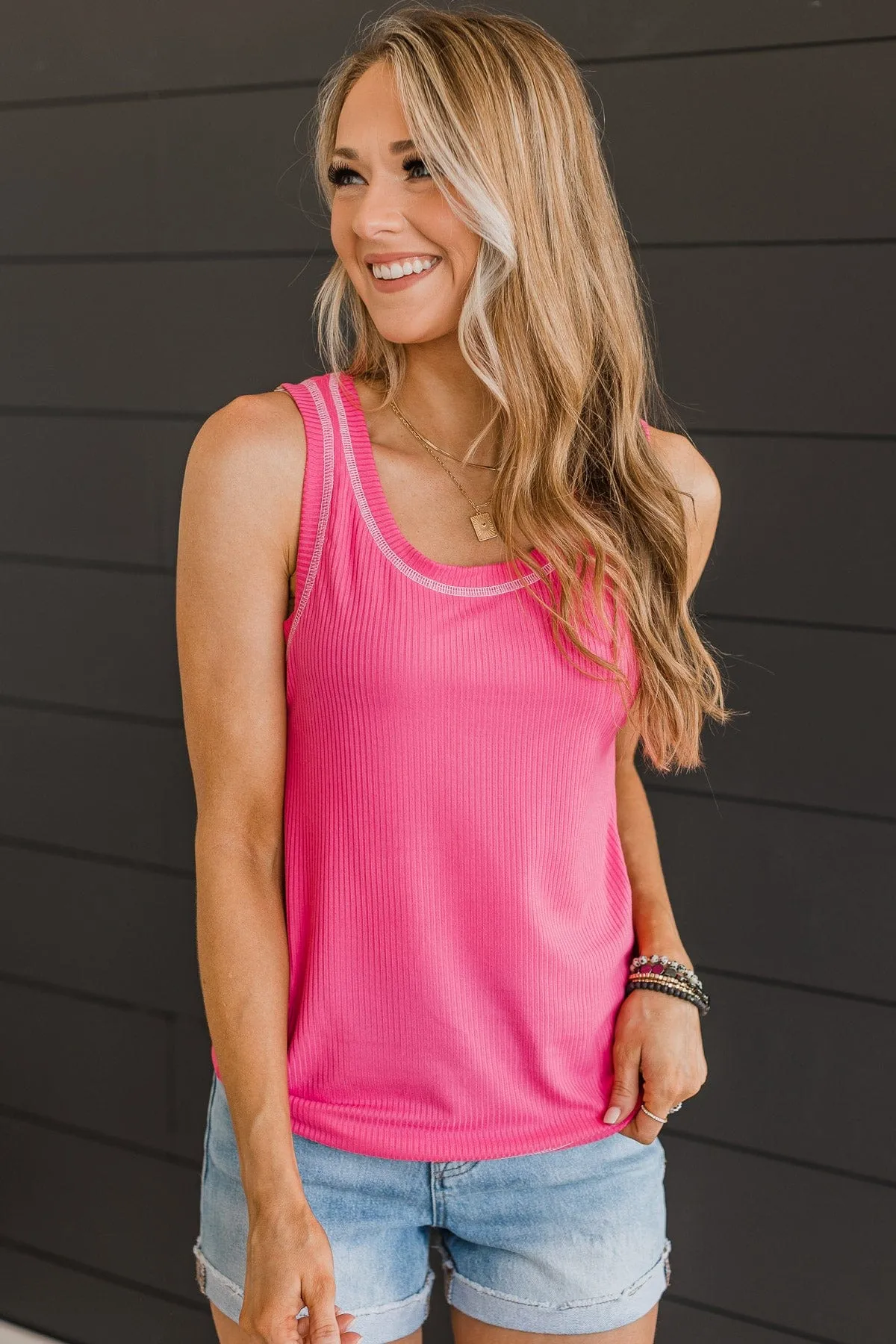 Good Attitude Ribbed Knit Tank Top- Bright Pink