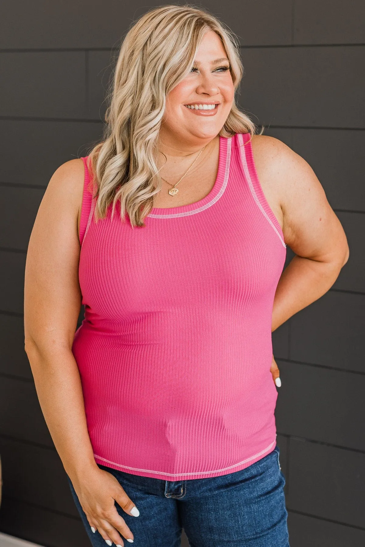 Good Attitude Ribbed Knit Tank Top- Bright Pink