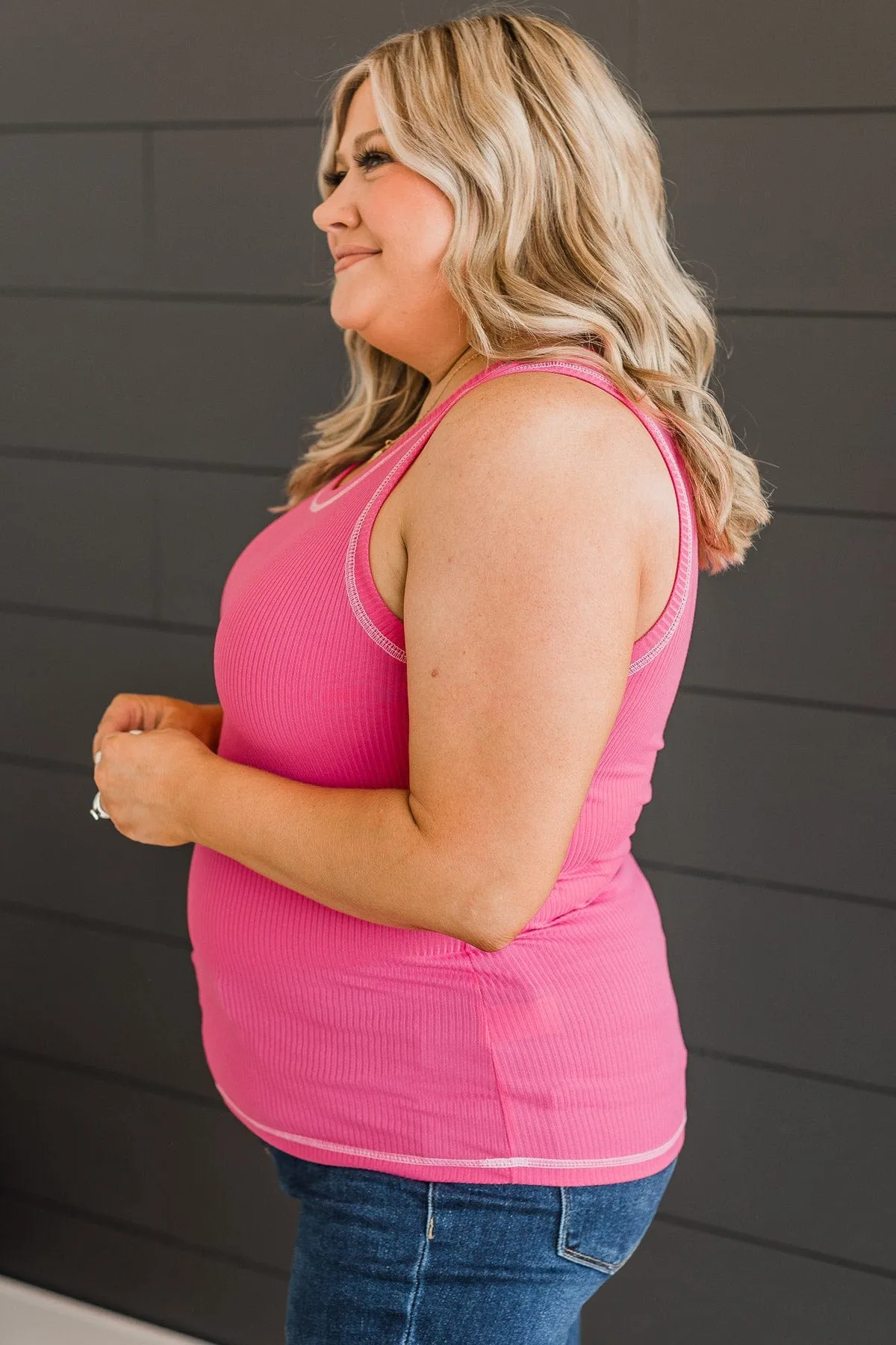 Good Attitude Ribbed Knit Tank Top- Bright Pink