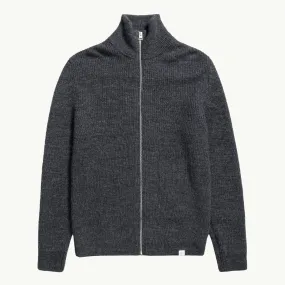 Hagen Wool Cotton Rib Full Zip Jacket - Dark Grey Melange