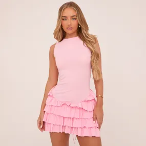 High Neck Lace Up Back Frill Hem Mini Dress In Pink Woven