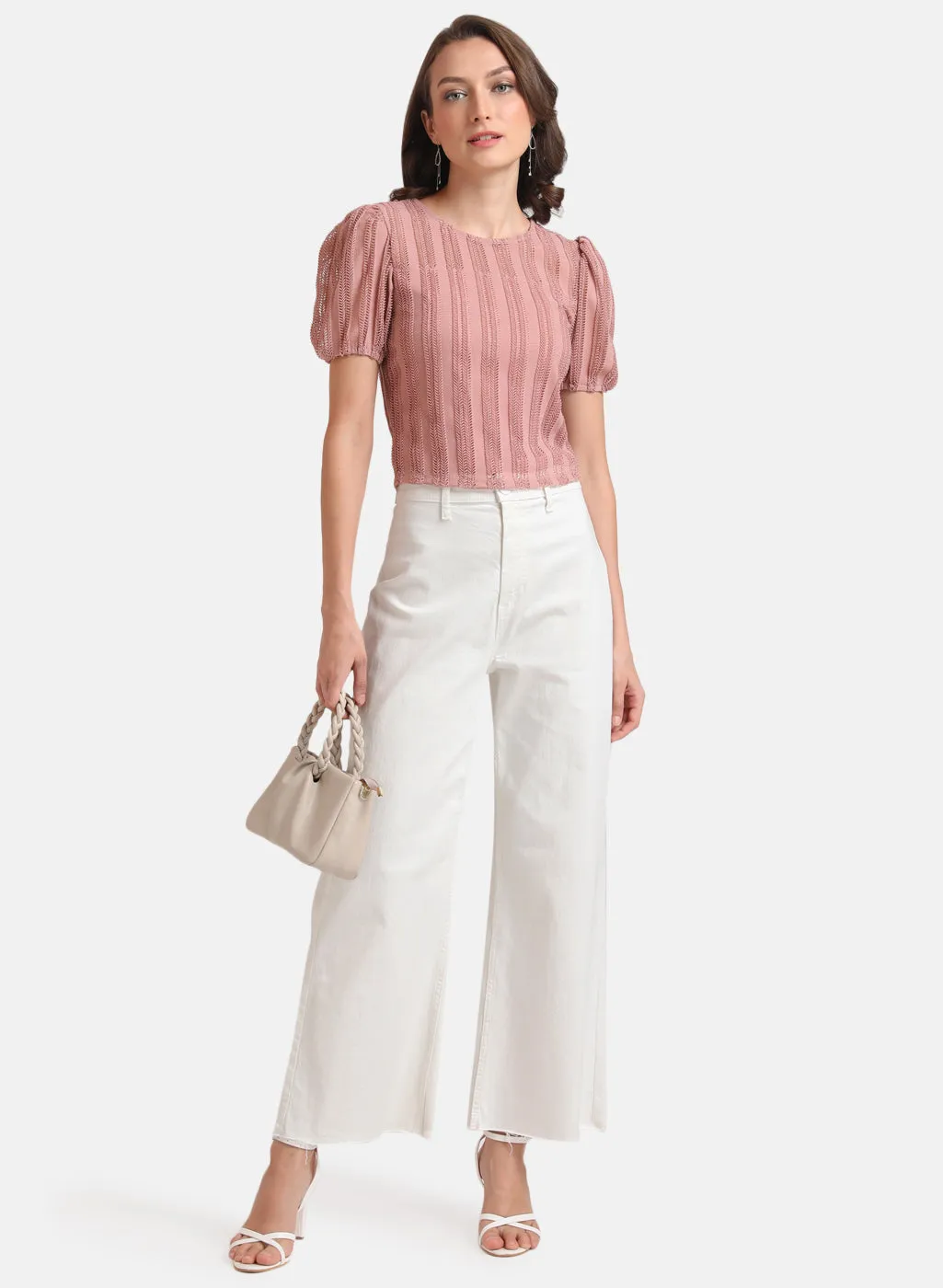 Kazo Pink Textured Knit Puff Sleeves Top