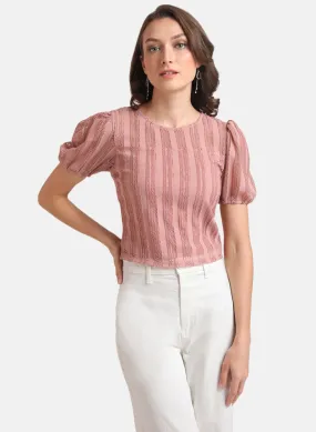 Kazo Pink Textured Knit Puff Sleeves Top