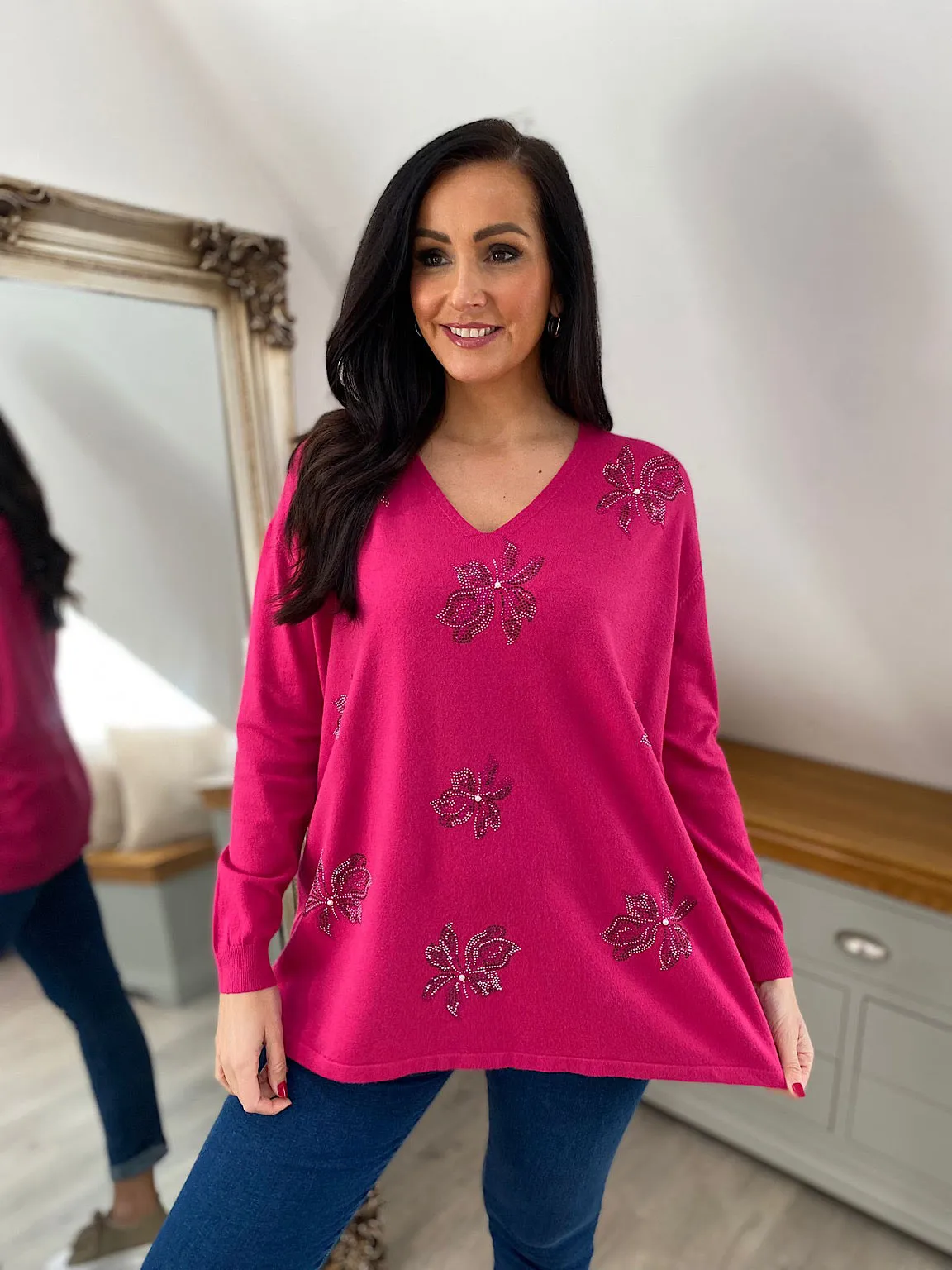 Lipstick Pink Embellished Flower Knit Joanna