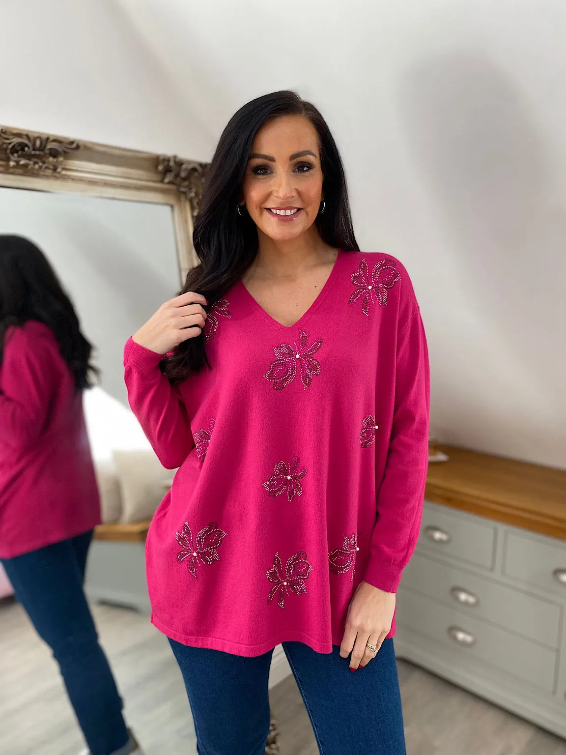 Lipstick Pink Embellished Flower Knit Joanna