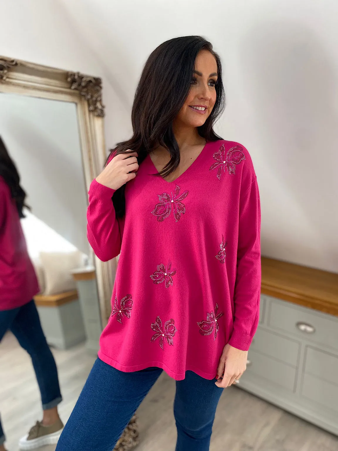 Lipstick Pink Embellished Flower Knit Joanna