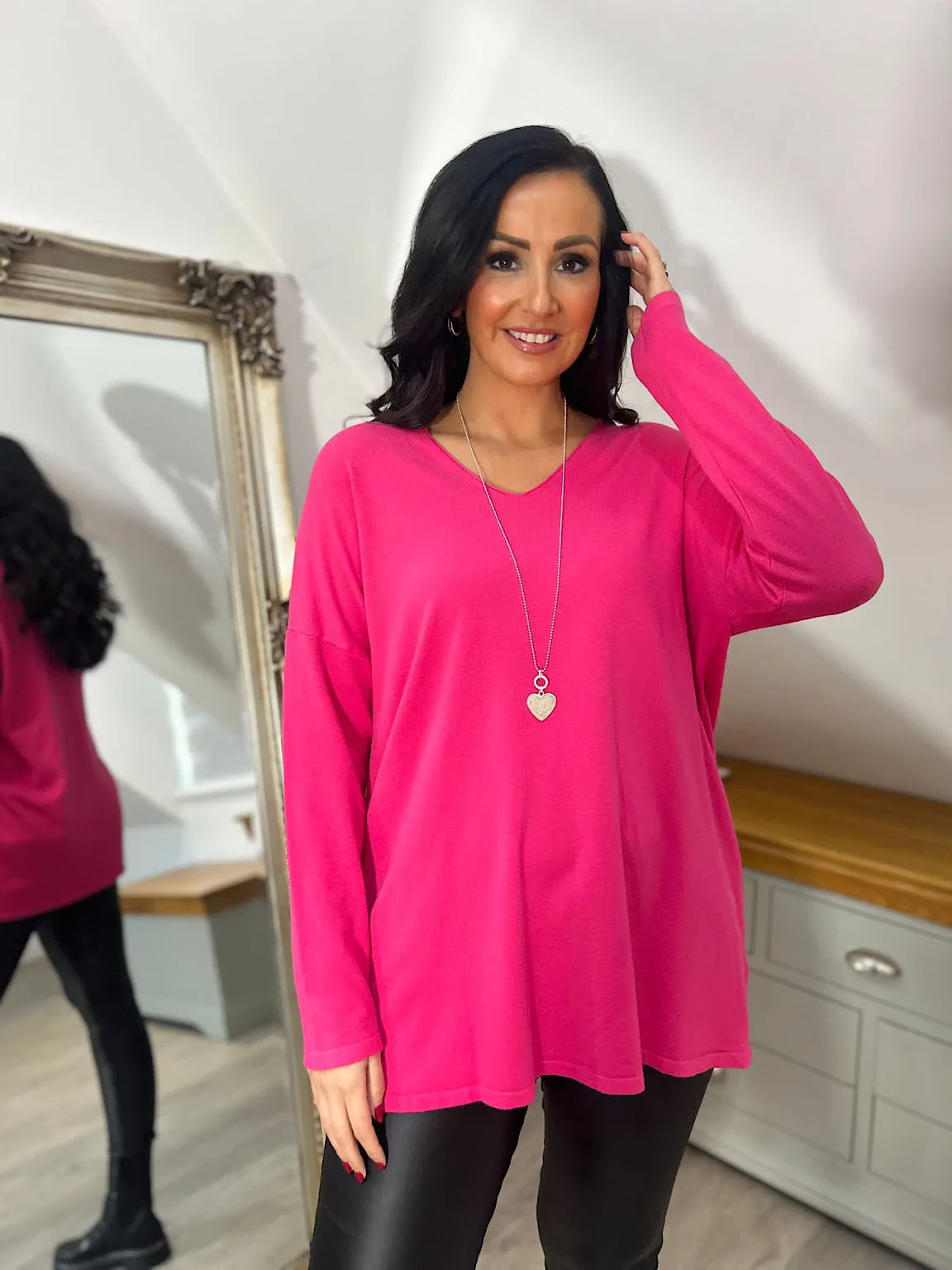 Lipstick Pink Fine Knit V Neck Nicole