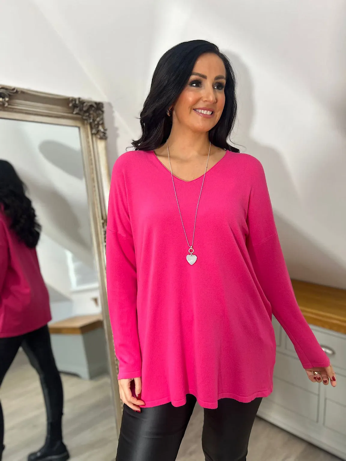 Lipstick Pink Fine Knit V Neck Nicole