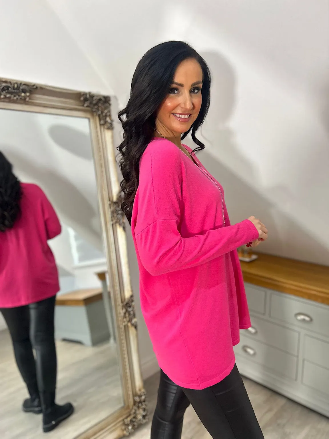 Lipstick Pink Fine Knit V Neck Nicole