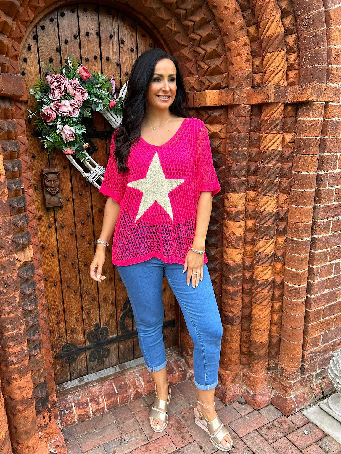 Lipstick Pink V Neck Star Loose Knit  Alex