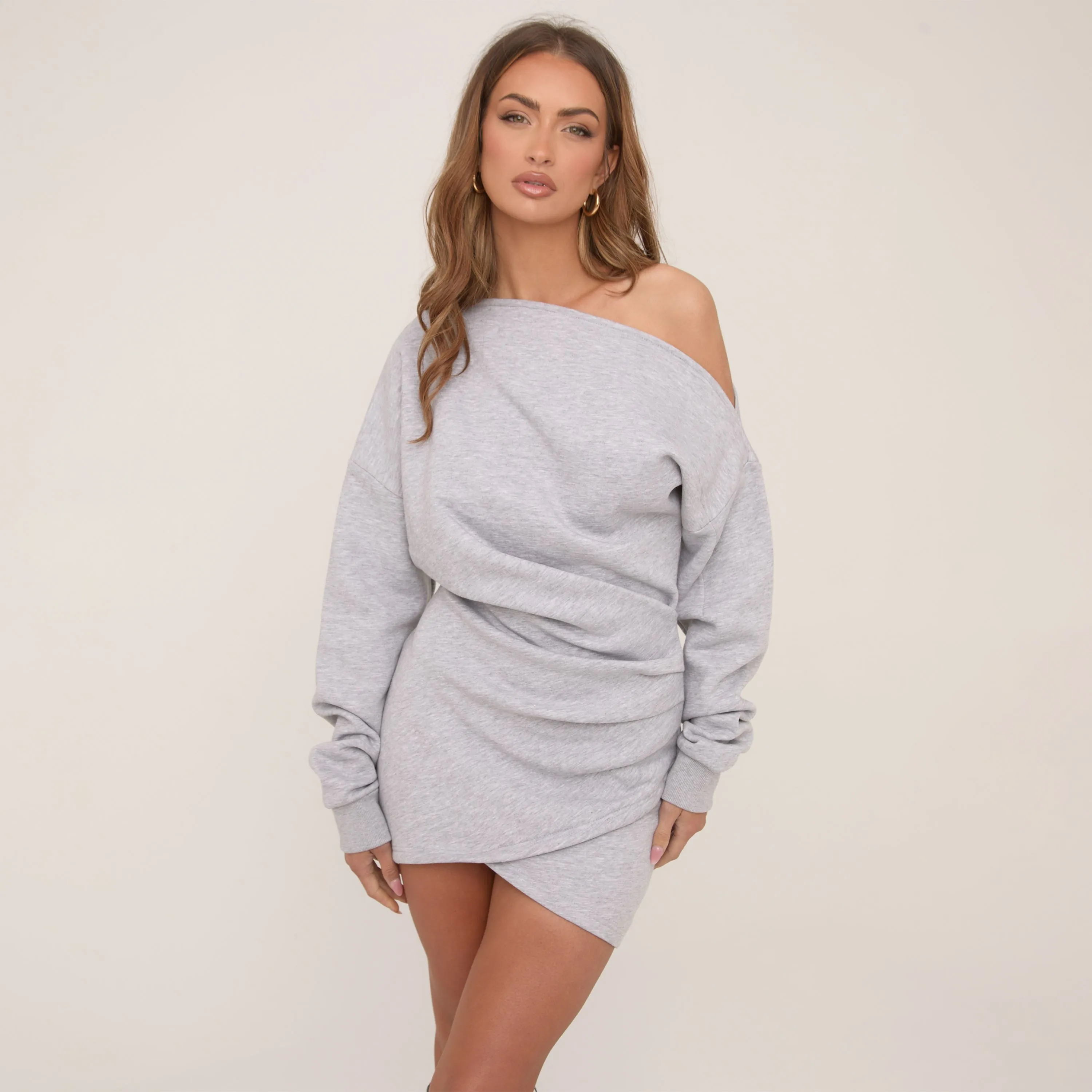 Long Sleeve Off The Shoulder Ruched Waist Mini Sweat Dress In Grey