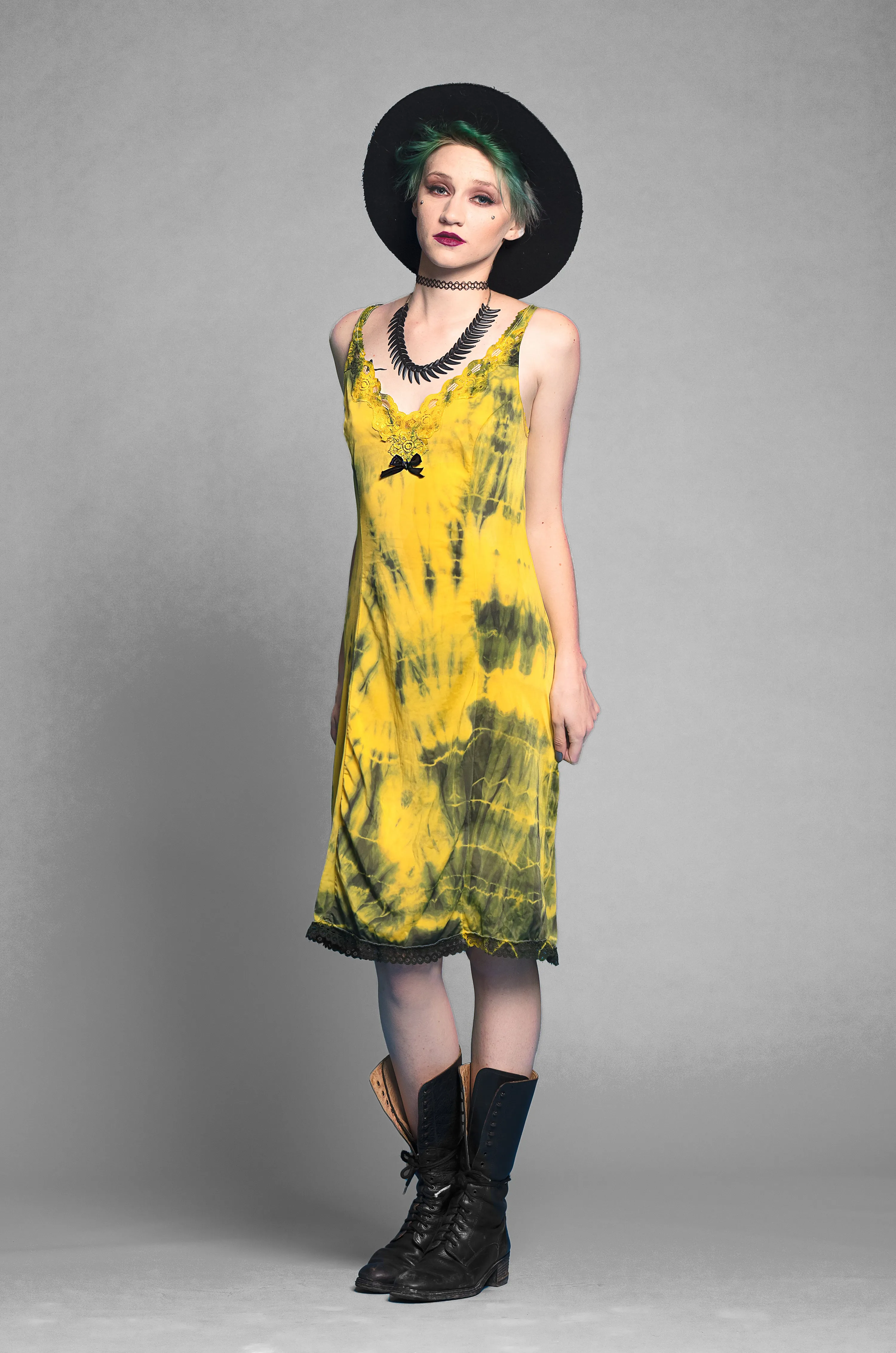 Marigold yellow lace detail grunge slip dress