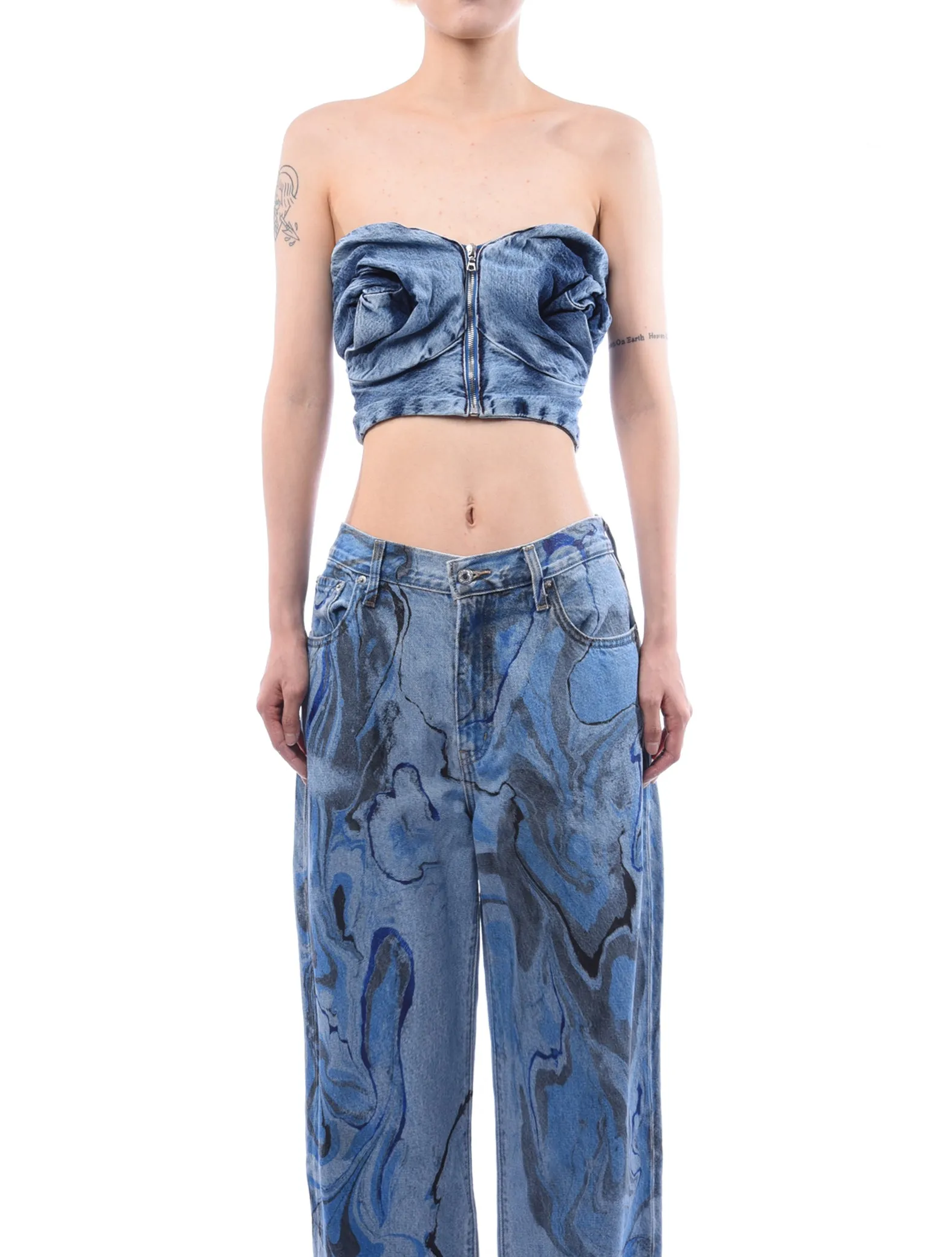 Masha Popova Denim Rose Sleeveless Drape Top Blue