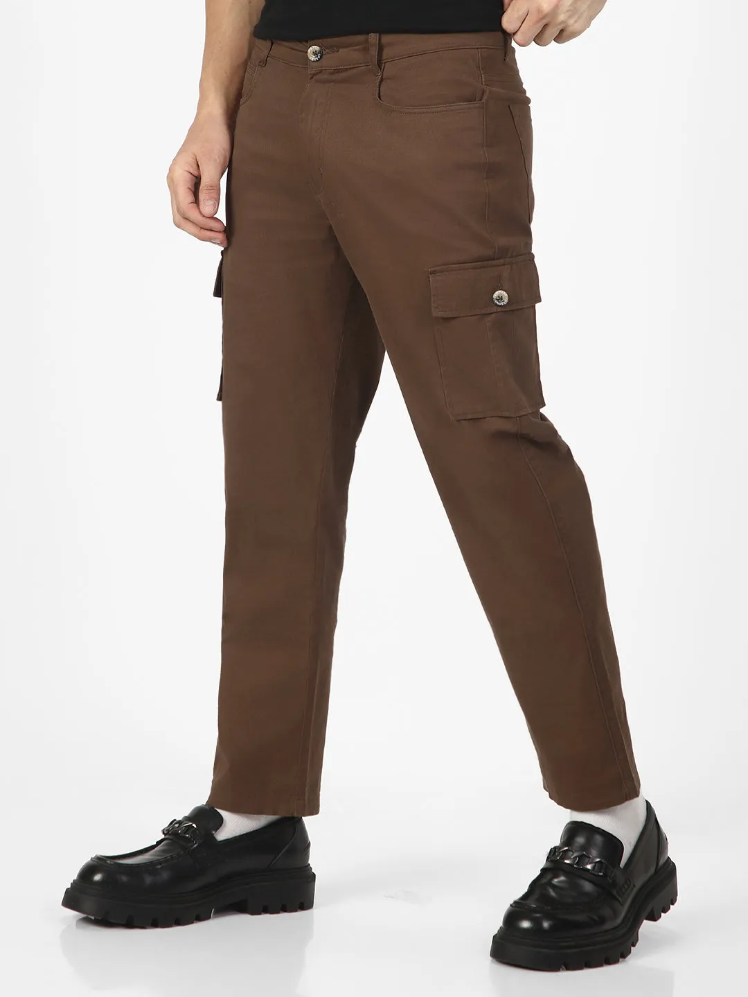 Men's Brown Regular Fit Solid Cargo Chino Pant with 6 Pockets Stretchable