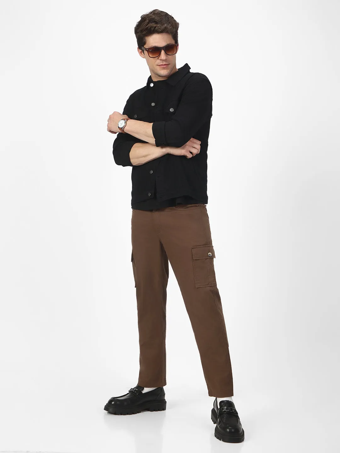 Men's Brown Regular Fit Solid Cargo Chino Pant with 6 Pockets Stretchable