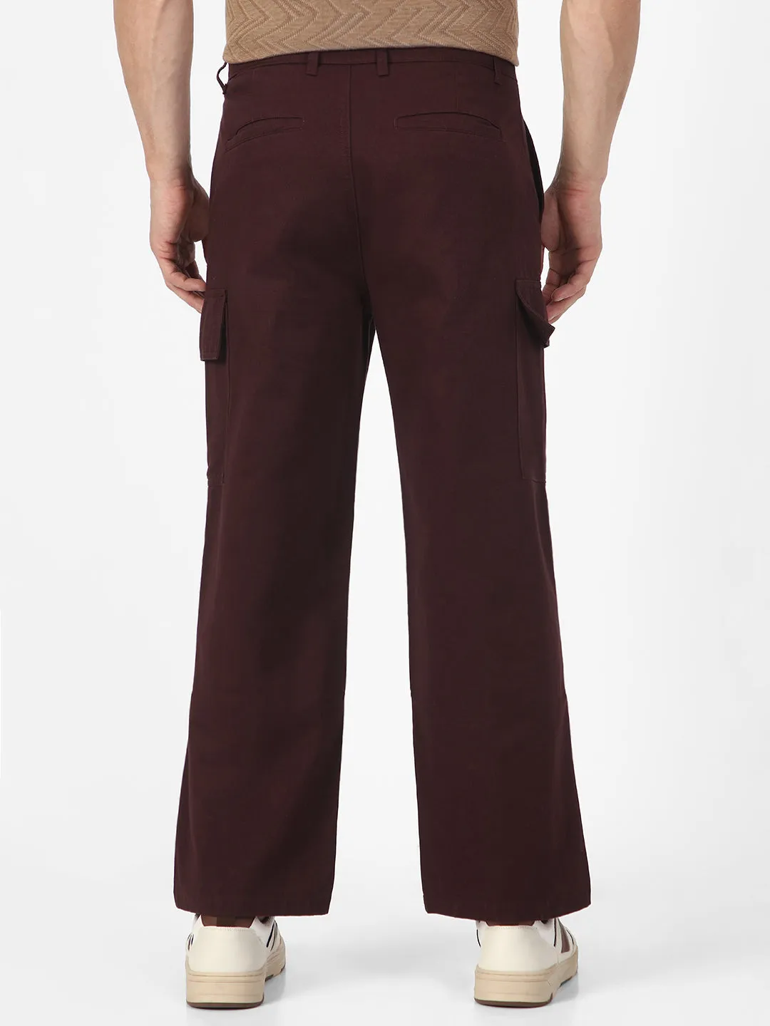 Men's Maroon Loose Baggy Fit Solid Cargo Chino Pant with 6 Pockets Non-Stretchable