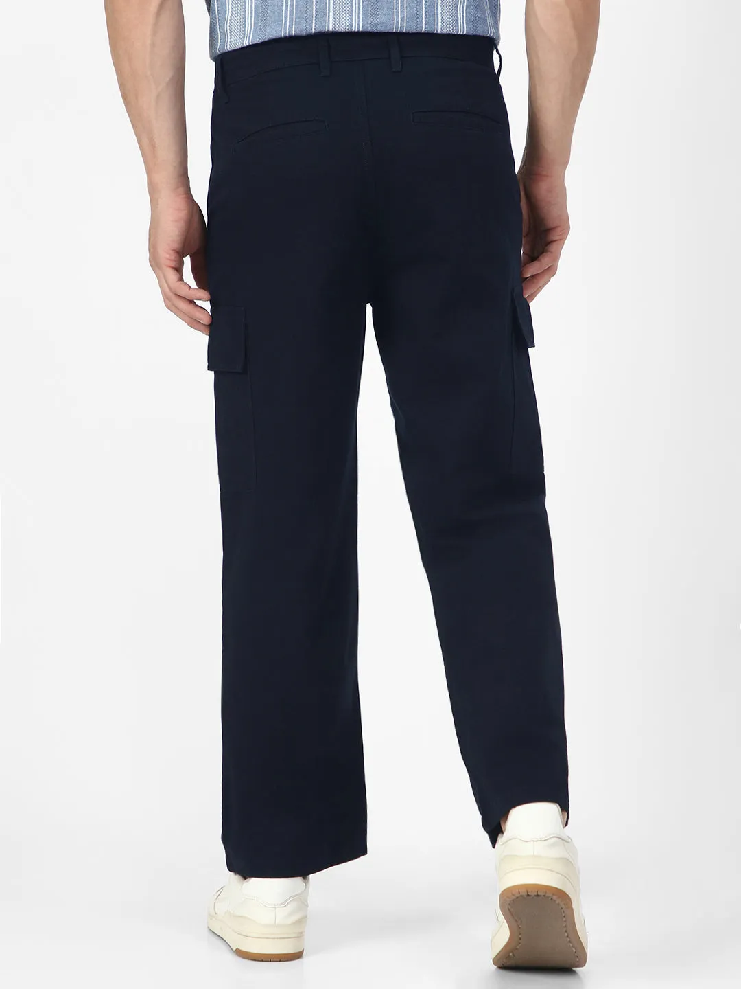 Men's Navy Loose Baggy Fit Solid Cargo Chino Pant with 6 Pockets Non-Stretchable