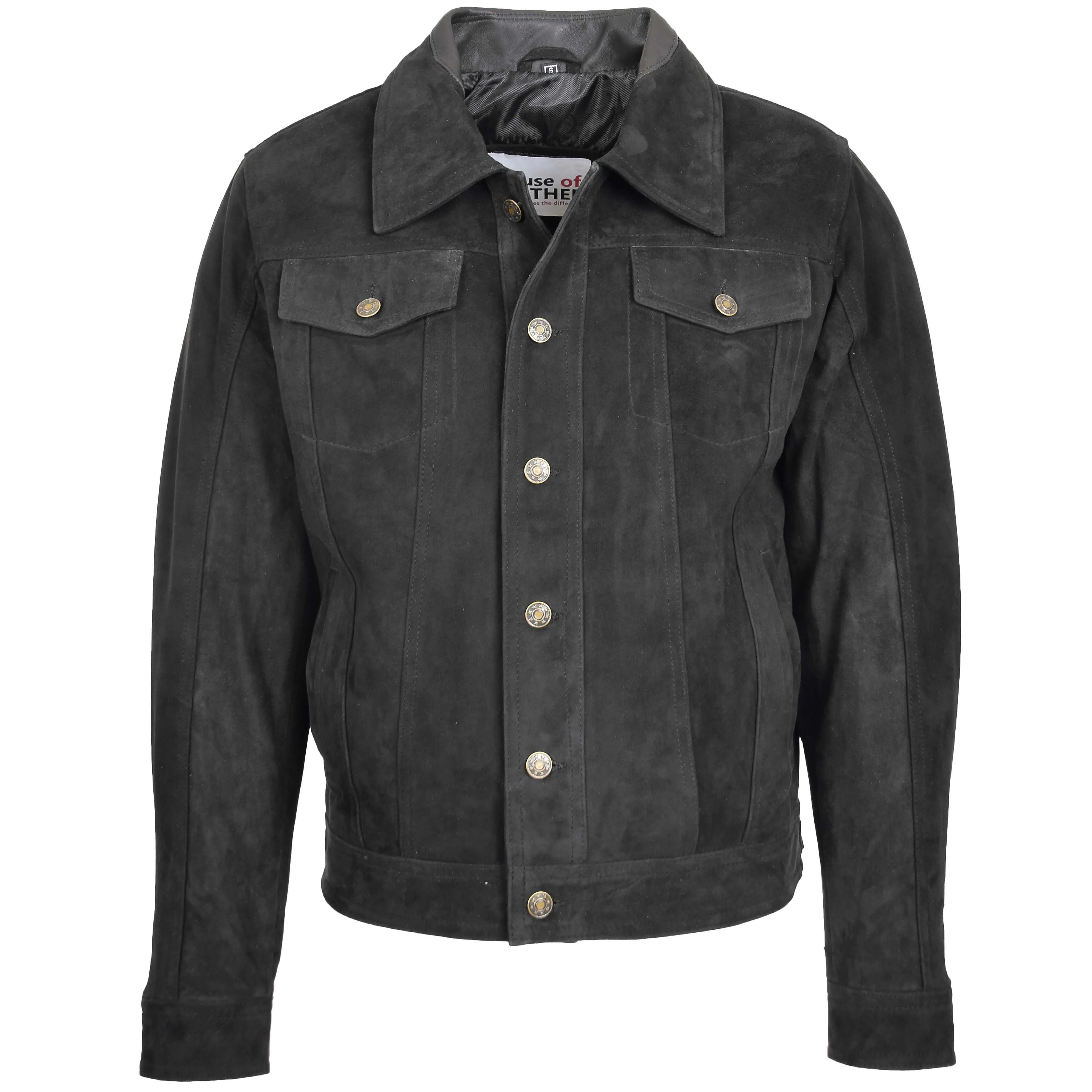 Mens Real Suede Trucker Harrington Jacket Daryl Black