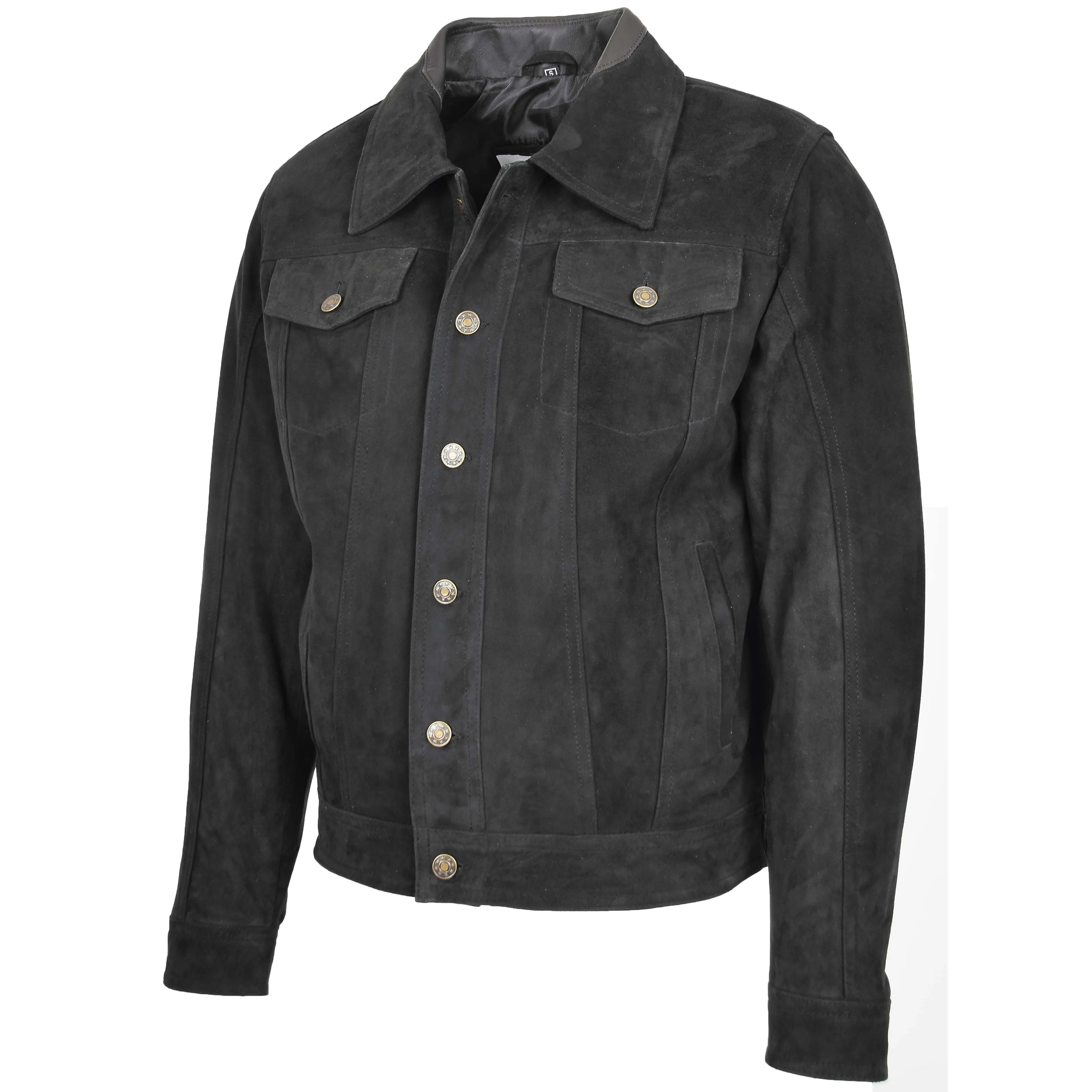 Mens Real Suede Trucker Harrington Jacket Daryl Black