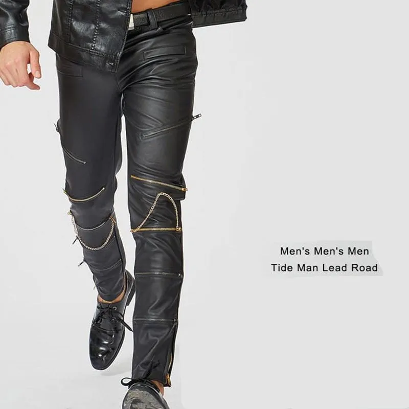 Men's Rock Punk Style Slim Fitted Motorcycle Waistline Casual Pants