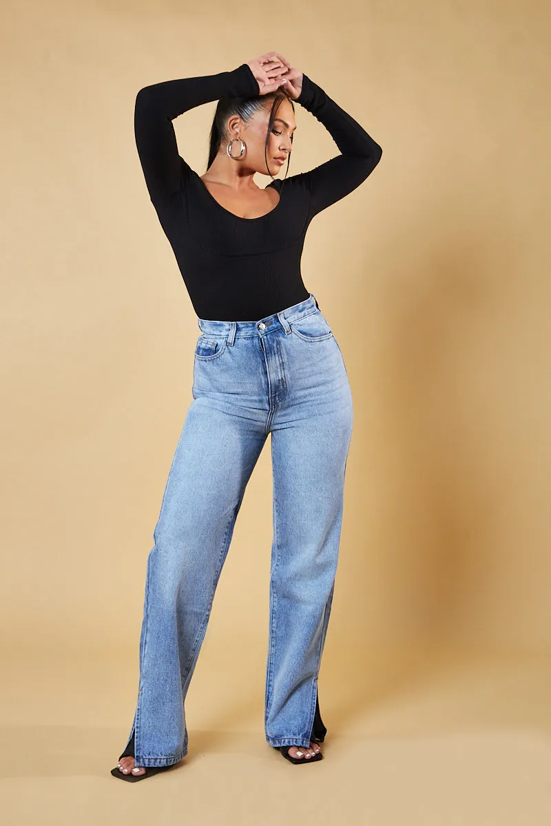 Mid Wash Straight Leg Side Split Hem Jeans - Tashi