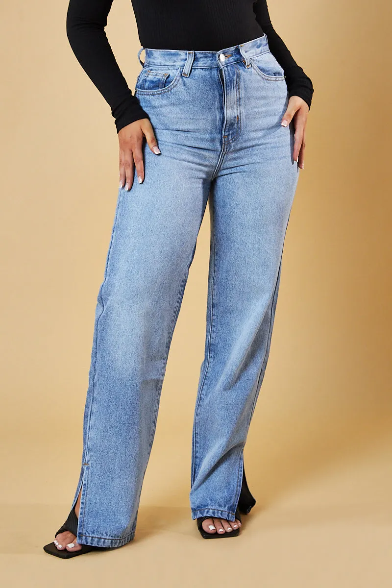 Mid Wash Straight Leg Side Split Hem Jeans - Tashi