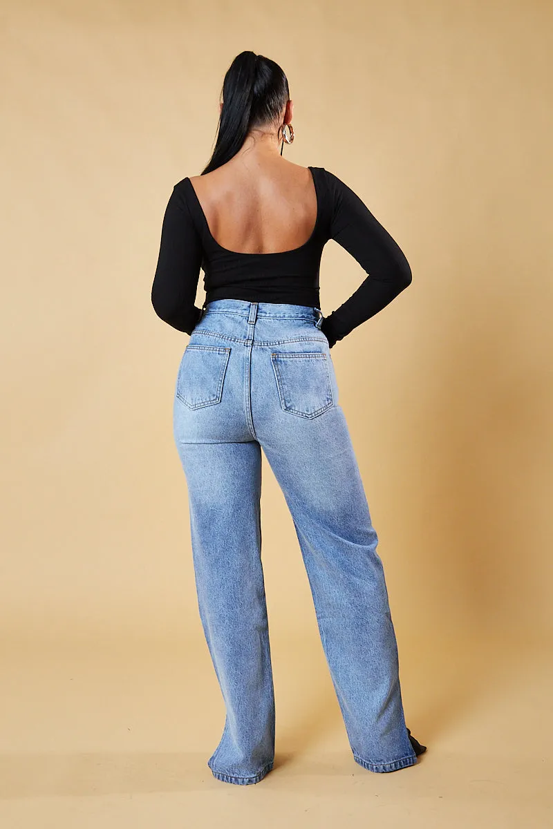 Mid Wash Straight Leg Side Split Hem Jeans - Tashi