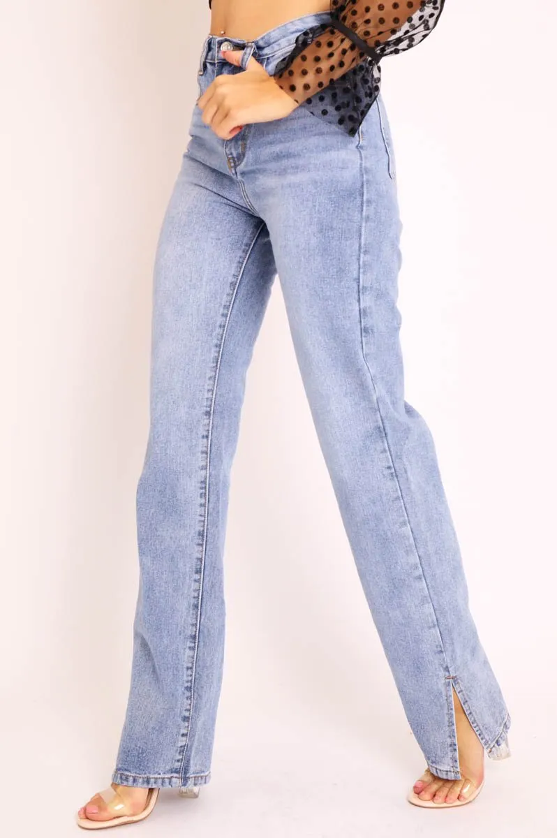 Mid Wash Straight Leg Side Split Hem Jeans - Tashi