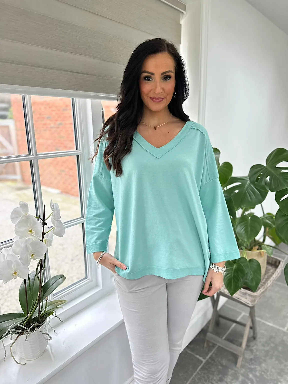 Mint Reverse Seam V Neck Sweat Top Harriet