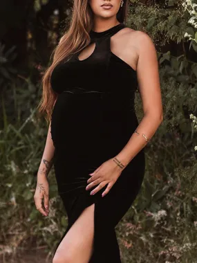 Momnfancy Black Cut Out Side Slit Bodycon Halter Neck Fashion Chic Photoshoot BabyShower Maternity Maxi Dress