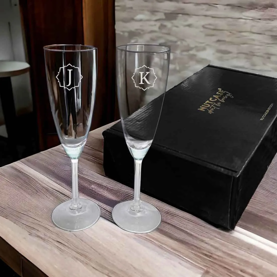 Nutcase Champagne Glasses with Name - Personalized Engraved Flute Glasses