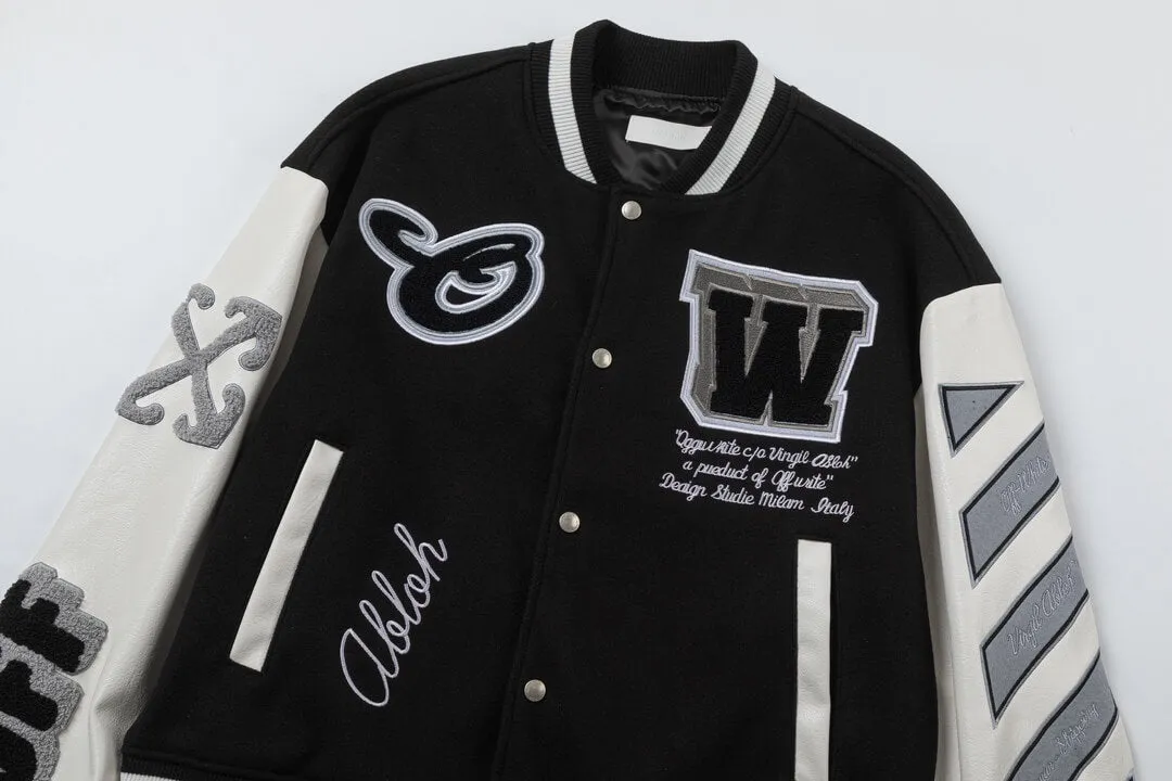 Off-White Leather Wool Black White Varsity Jacket