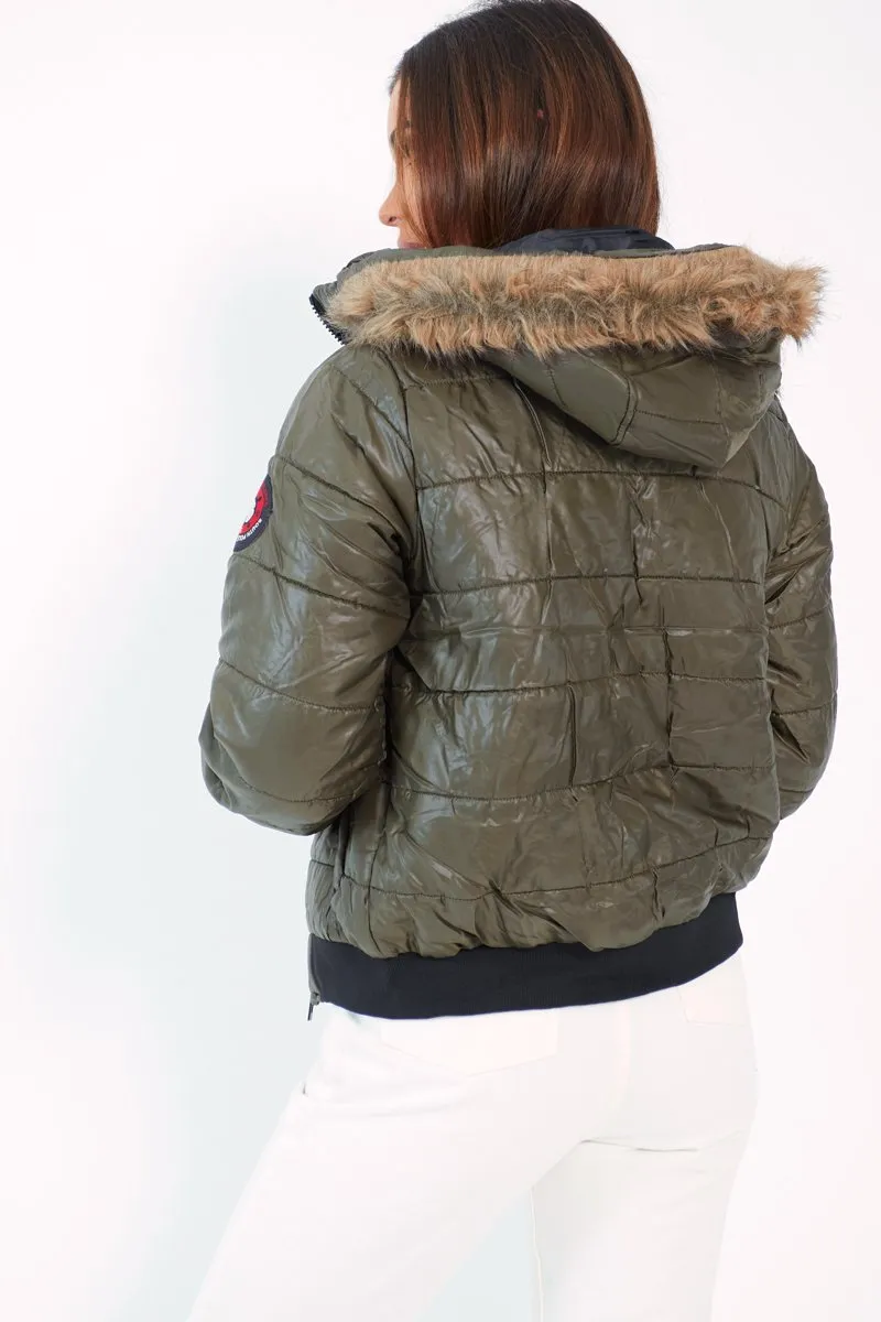 Olive Faux Fur Hooded Puffer Coat - Kamorah