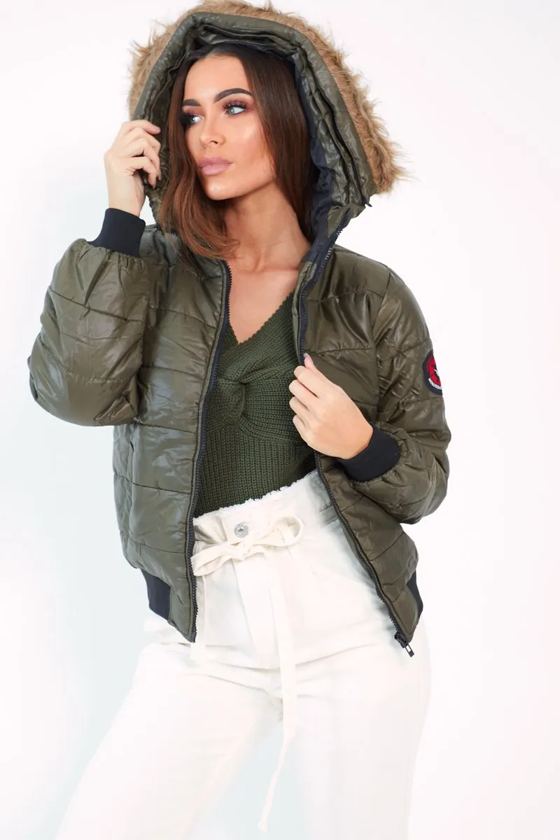 Olive Faux Fur Hooded Puffer Coat - Kamorah