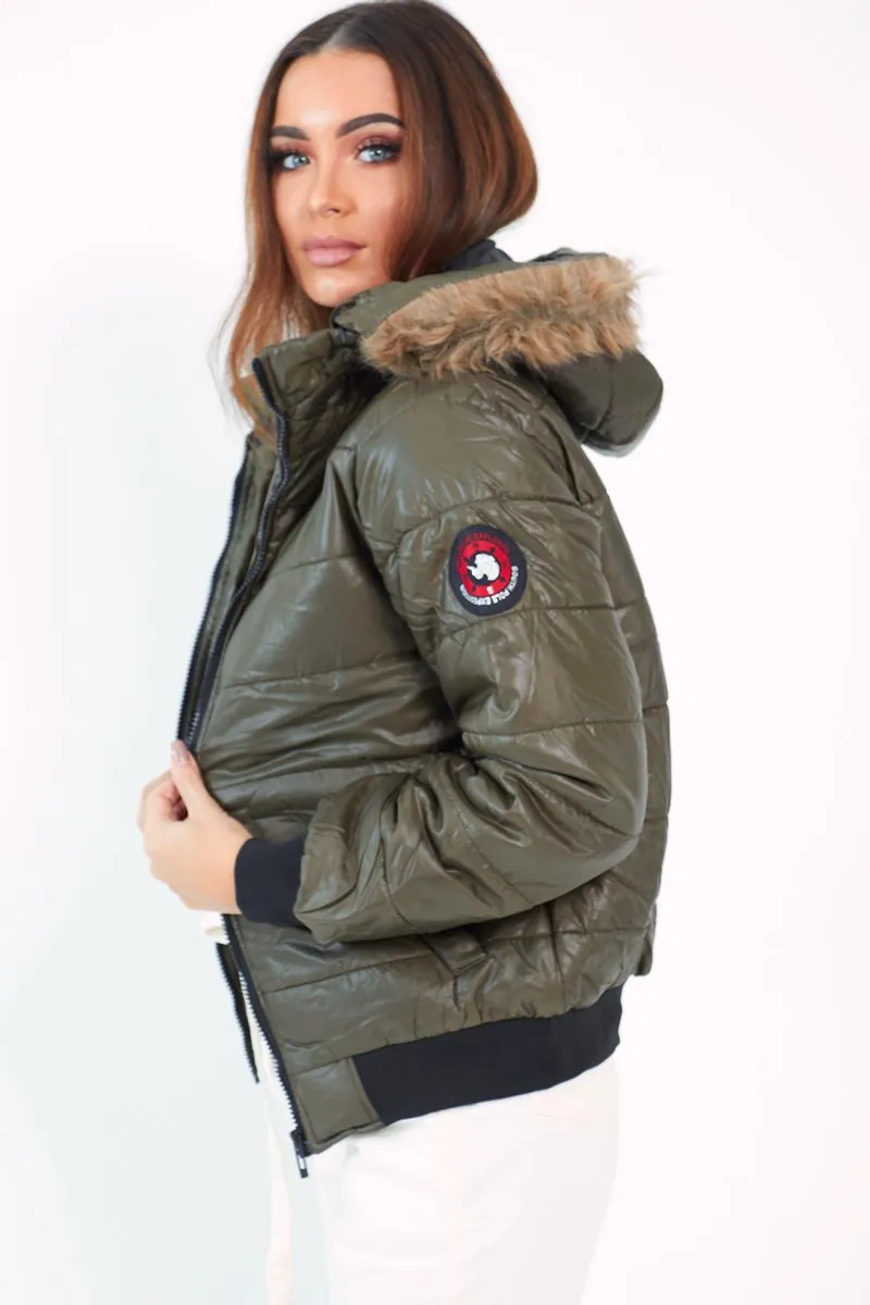 Olive Faux Fur Hooded Puffer Coat - Kamorah