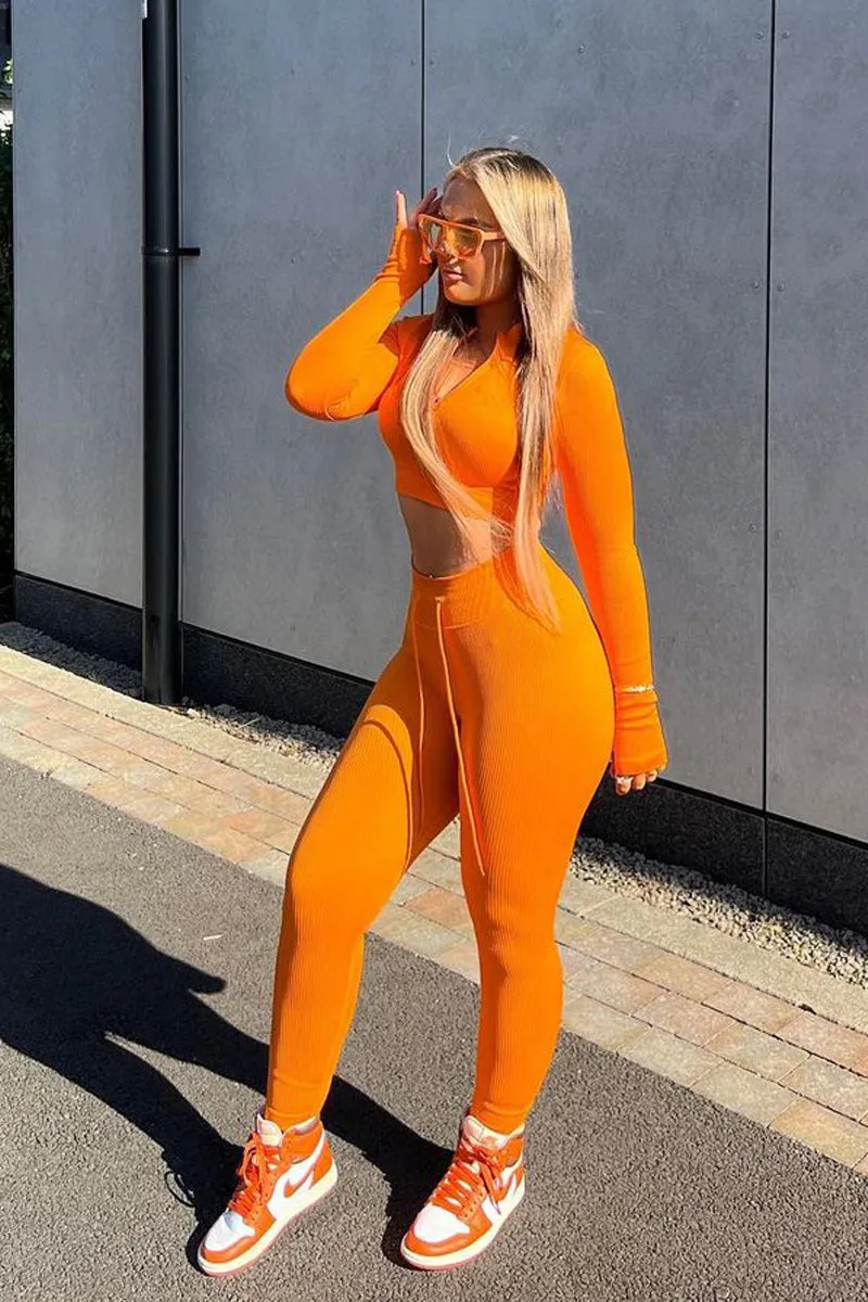 Orange Rib Knit Zip Front Crop Top & Leggings Set - Nico