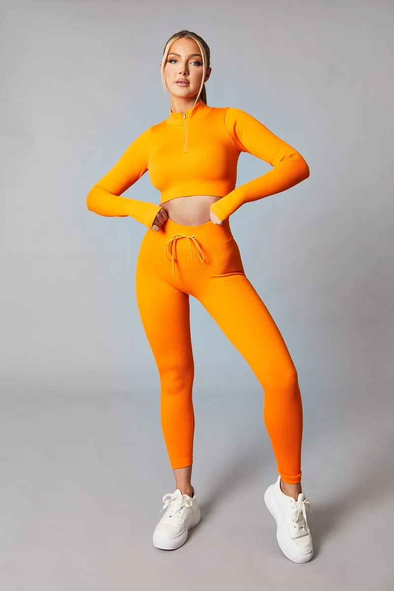 Orange Rib Knit Zip Front Crop Top & Leggings Set - Nico