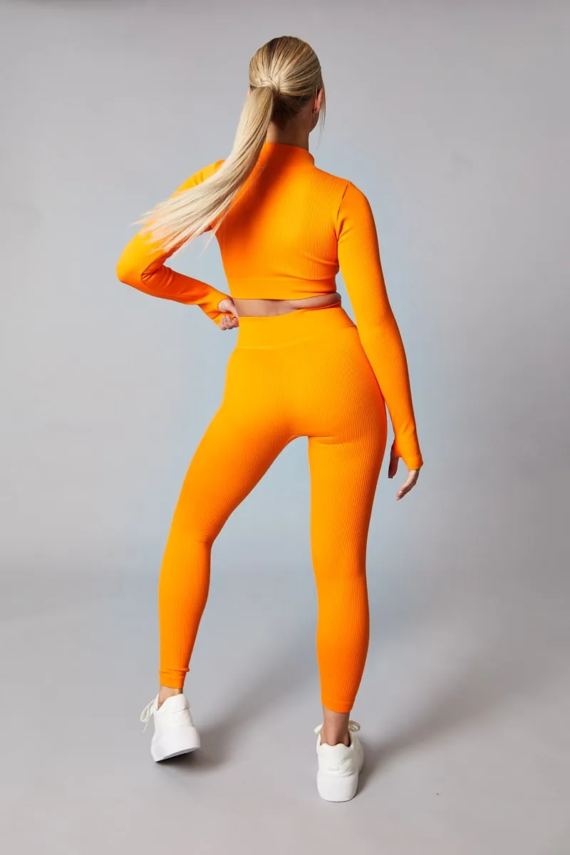 Orange Rib Knit Zip Front Crop Top & Leggings Set - Nico