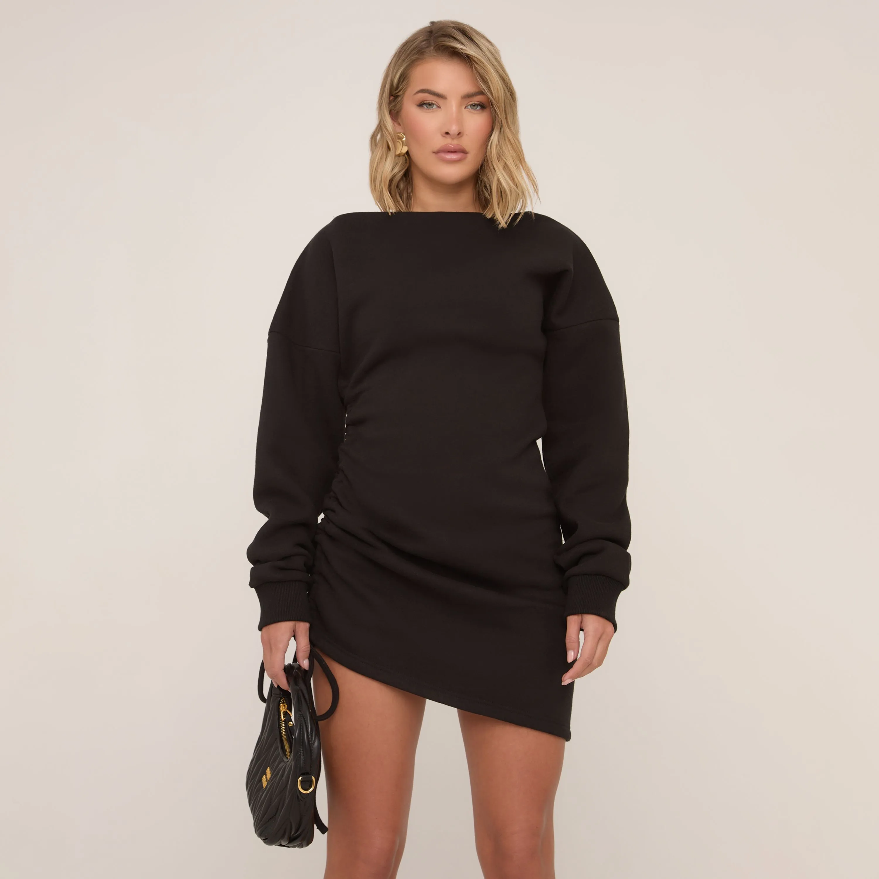 Oversized Long Sleeve Ruched Side Mini Sweat Dress In Black