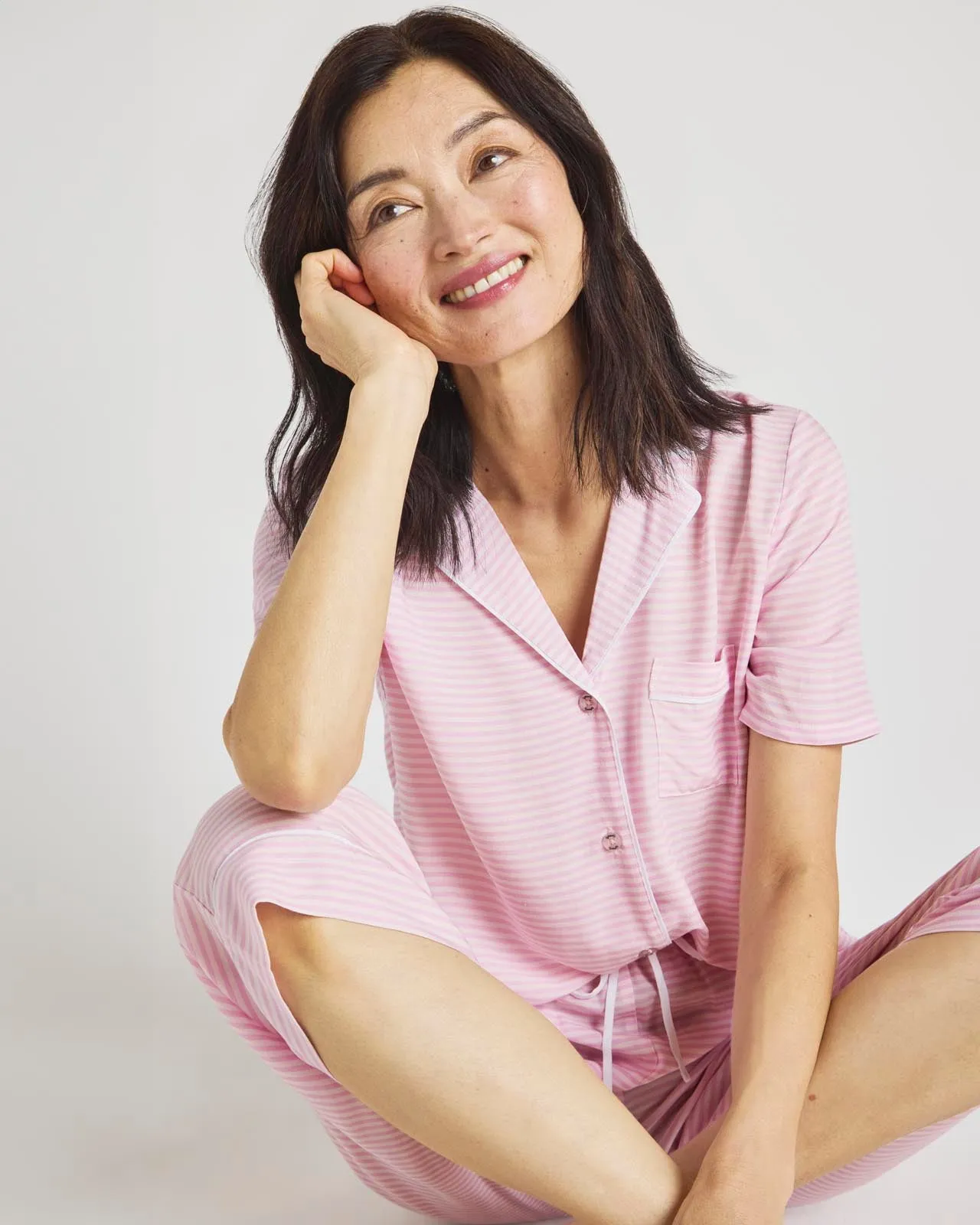 Pink Feeder Stripe Notch Top & Crop Pant PJ Set