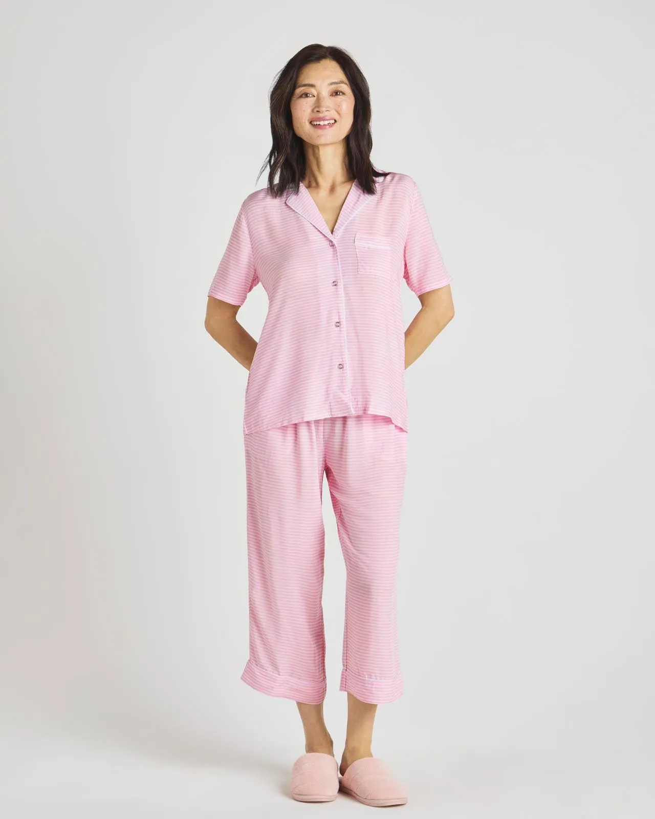 Pink Feeder Stripe Notch Top & Crop Pant PJ Set