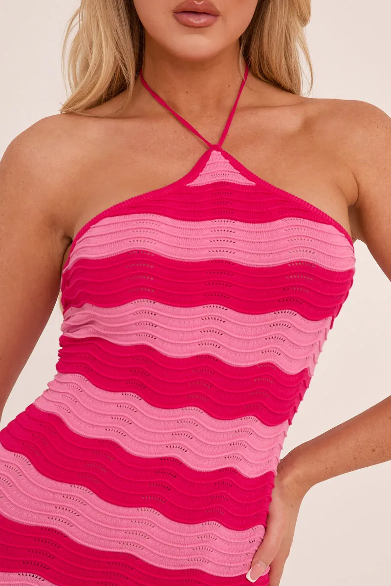 Pink Knit Striped Halter Neck Mini Dress - Lottie